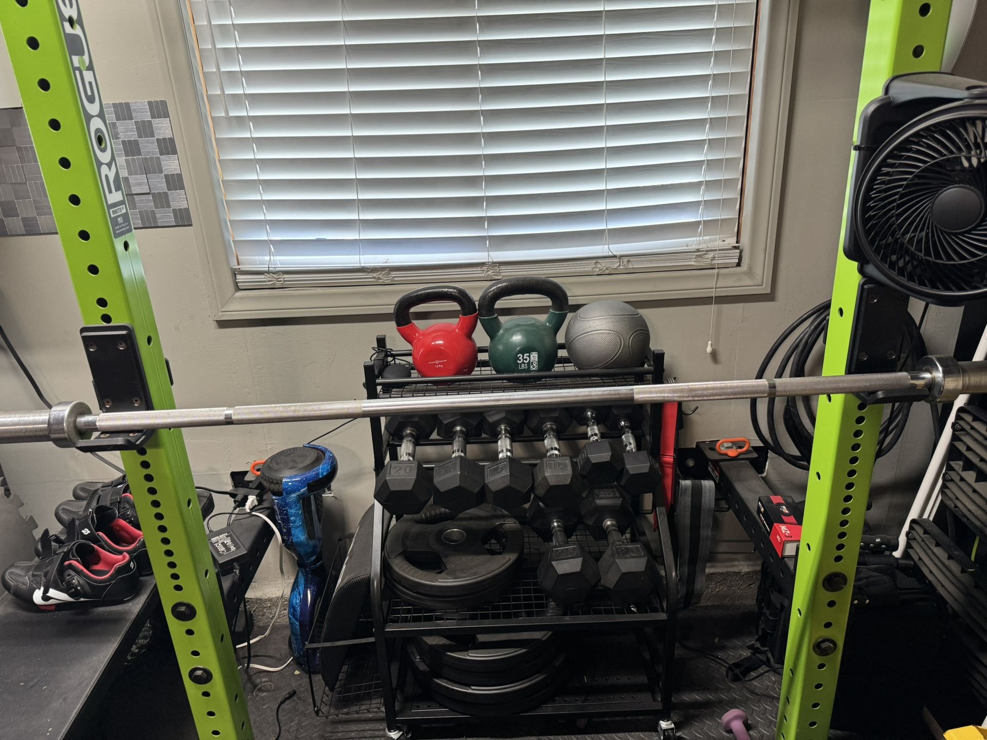 Rogue Fitness Monster Lite wall Mounted rig with Bench, Bar and Weights