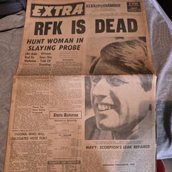 Los Angeles Herald Examiner newspaper from June 6, 1968, reporting the assassination of Senator Robert F. Kennedy