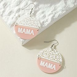 New Soft Pink Leopard & Mama Letter Graphic Round Drop Earrings