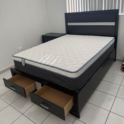 Brand New Queen Bed with Mattress and 2 Nightstands / Cama Queen con COLCHON y 2 Mesas de Noche Nuevo a Estrenar … Fast 🚚