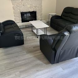 Black Reclining Couch 3-Pc Set — Sofa • Loveseat • Chair