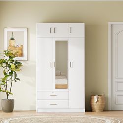 3-Door Mirror Wardrobe with 2 Drawers and Top Cabinet, for Bedroom, Living Room, White