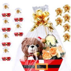 Tioncy 22 Pack Christmas Basket for Gifts Empty Including 6 Pack Cardboard Empty Gift Baskets 6 Pack Transparent Gift Bags 10 Pack Gold Bow for Holida