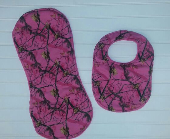 Hot pink camouflage bib and burp cloth set