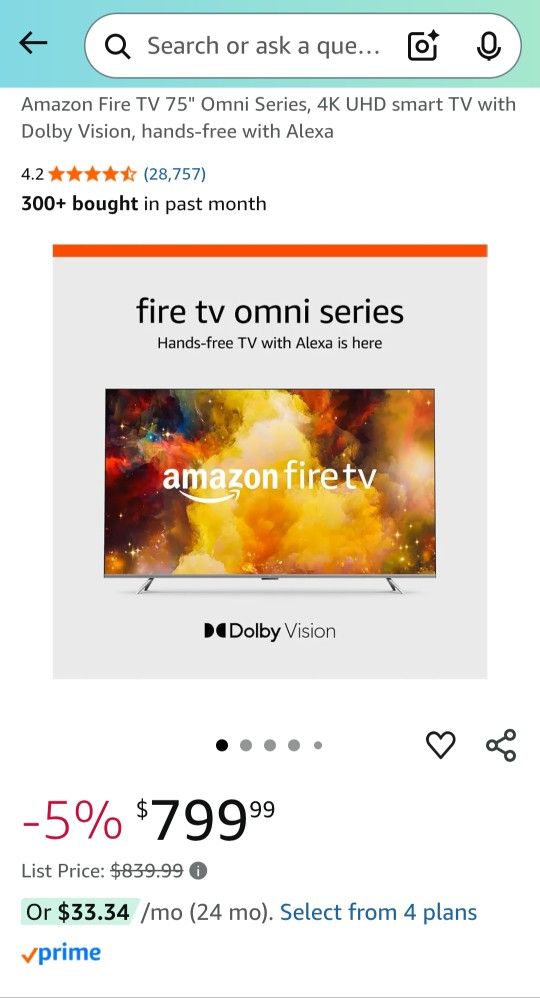 Over HALF OFF!-Amazon Fire TV 75" Omni Series, 4K UHD smrt TV with Dolby Vision Alexa