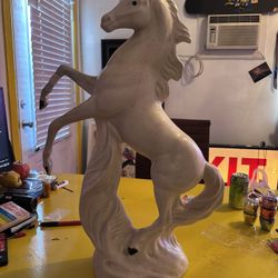 Vintage Rearing Horse Ceramic Statue – Large Mid-Century Figurine – White with Speckle Glaze