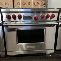 Wolf 36”Wide Dual Fuel Range Stove In Stainless Steel 