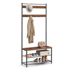 VASAGLE Coat Rack Hall Tree with Shoe Storage Bench Entryway Bench - Brown