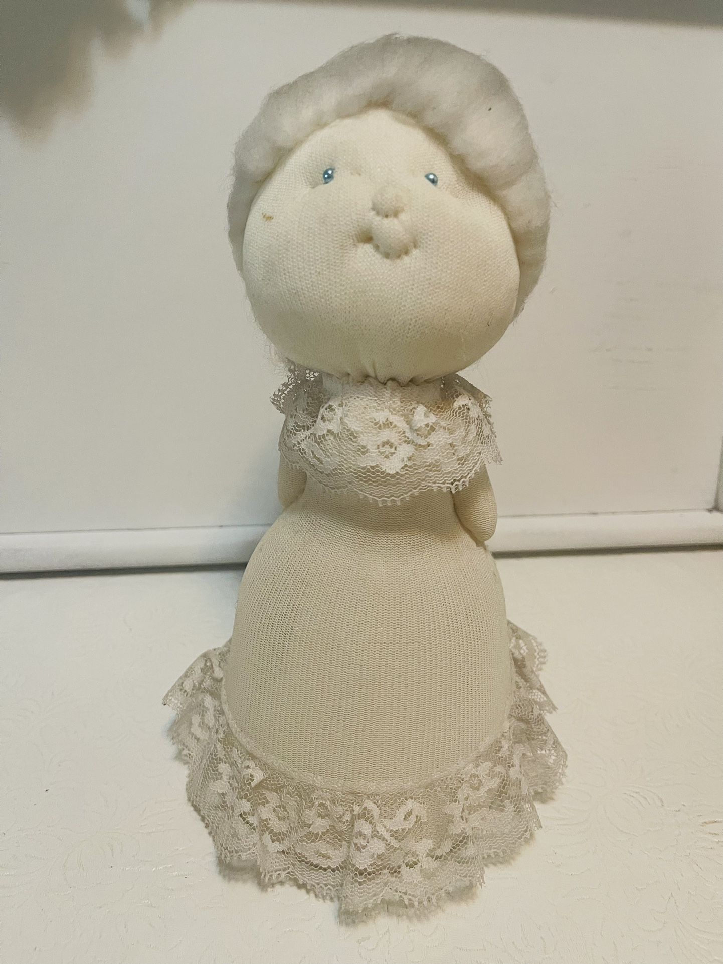 Vintage sewing doll for needles, made of fabric, lace and plastic