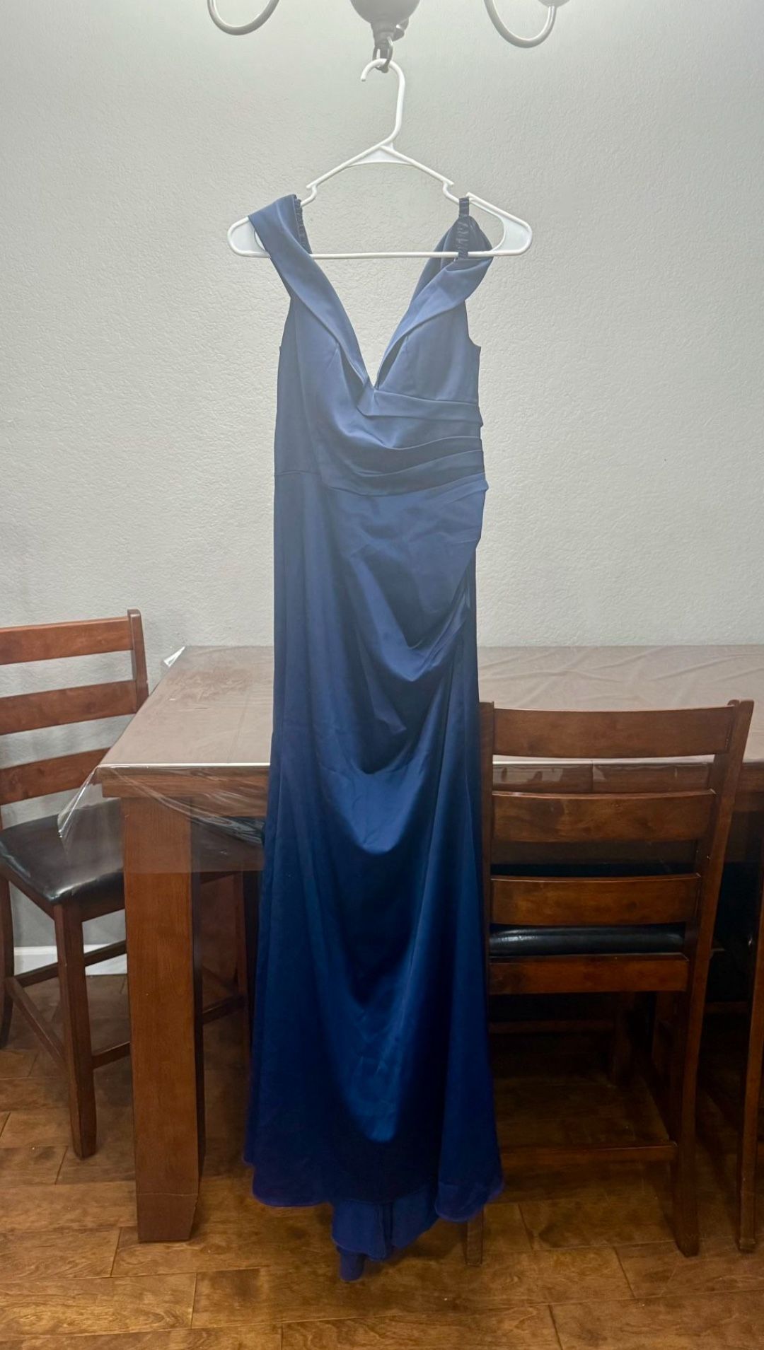 Galina Signature Satin Off-the-Shoulder Mermaid Dress – Navy Blue