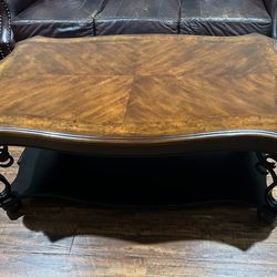 Elegant Wood Coffee Table – Burl Veneer Top with Ornate Base