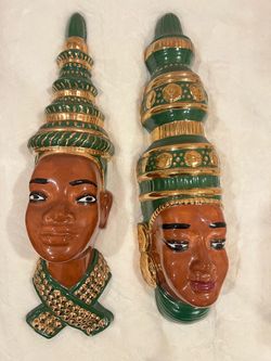 Ceramic Southeast Asian Face Mask Wall Plaques Pair