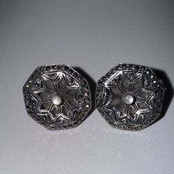 Vintage Sterling & Marcasite Pierced Earrings with Moonstone Center 