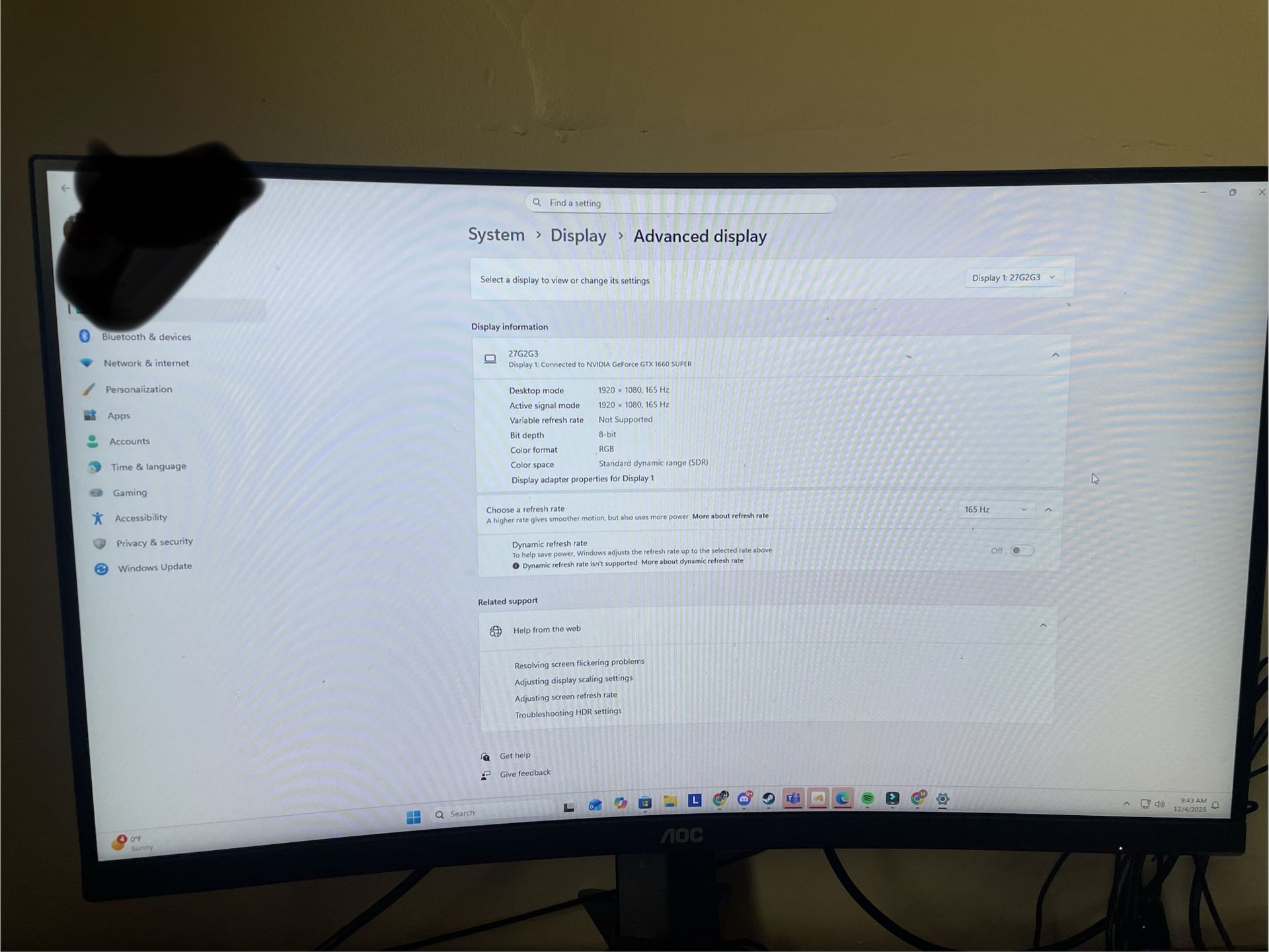 165hz 27 Inch Curved Gaming Monitor
