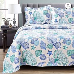Smuge 3 Piece Quilts Full/Queen Size Ocean Theme,Lightweight Coastal Beach Theme Bedding Seashell Conch Starfish Bedspread Ocean Creature Coverlet wit