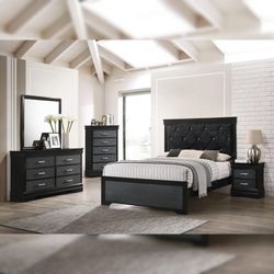 4pc Bedroom Set $529 Queen $629 Eastern King Includes Bedframe Dresser Mirror Nightstand Black Bedroom Set