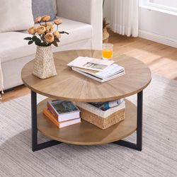 33.5" Round Coffee Table with 2-Tier Storage, Farmhouse Living Room Cocktail Table with Black Metal Leg, Solid Wood Industrial Sofa Center Table,Easy 