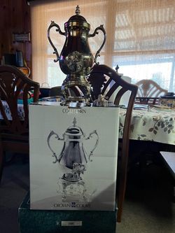 Classic silver-plated coffee set in its original box, labeled as a Crown Court 25-cup coffee maker.