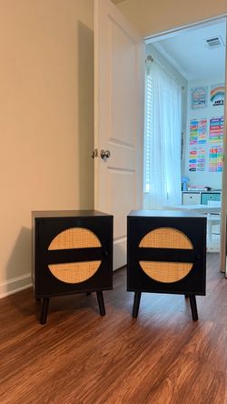 Set of 2 Black & Rattan Nightstands / Side Tables