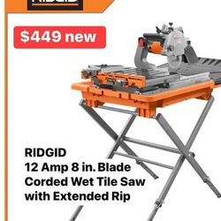 RIDGID 12 AMP 8 IN BLADE CORDED WET TILE SAW WITH EXTENDED RIP