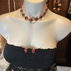 Signed Carlisle Red & Black Enamel Choker Necklace & Clip On Earrings Set 