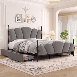 Upholstered Queen Bed Frame with 4 Storage Drawer, Adjustable Petal Tufted Headboard, Velvet Princess Retro Queen Size Platform Bed with Storage, Heav