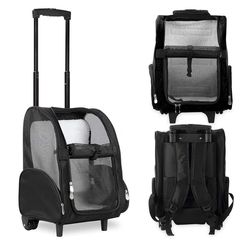 KOPEKS Deluxe Backpack Pet Travel Carrier with Double Wheels for Pets up to 10 Pounds - Black - Approved by Most Airlines
