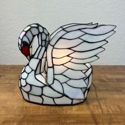 Vintage Iridescent Tiffany Style Swan Table Lamp Home Night Light