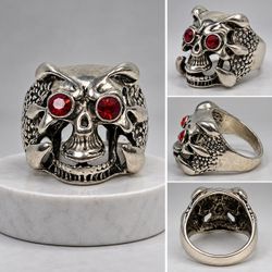 Silver Skull Biker Ring with Red Stones
