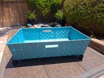 Bright Teal Woven Storage Basket with Wheels | Rolling Underbed Toy Bin Organizer