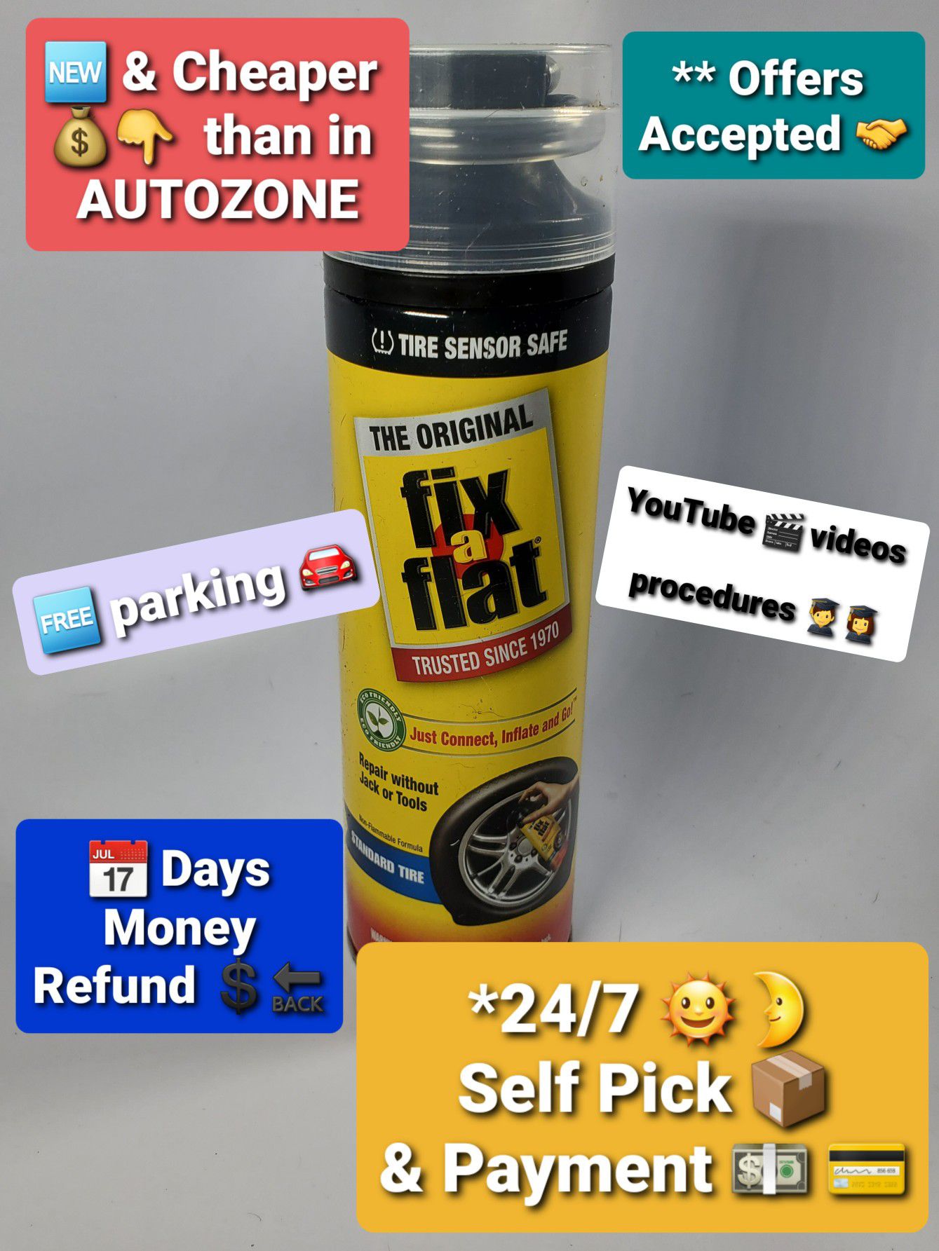 24/7 Automated Self Pick Up! Fix-A-Flat S420-6 Aerosol Tire Inflator with Hose for Standard Tires - 16 oz.