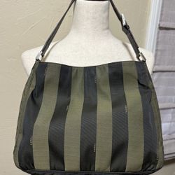 FENDI Italy Vintage Pequin Striped Nylon Shoulder Bag, Tote, Satchel