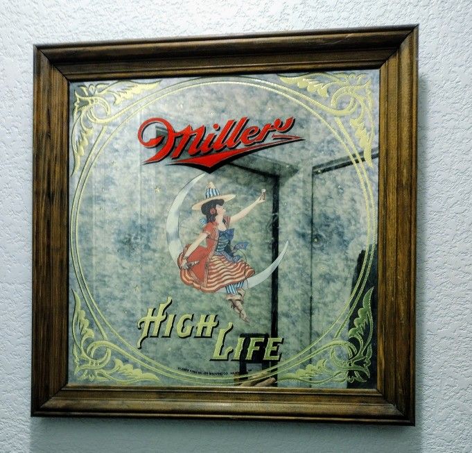 Vintage Advertising Bar Mirror, Miller Lady On Moon