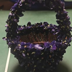 Small Handmade Wooden Basket Covered in Violet Flowers

