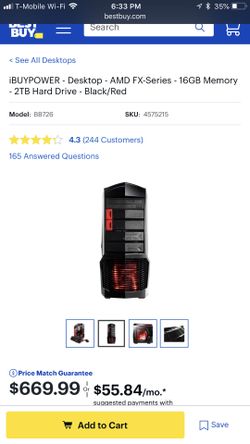 $550 iBUYPOWER Desktop only AMD FX series 16GB 2TB hard drive Black/Red