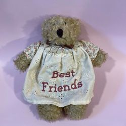 Beige/Tan Classic Curly Teddy Bear with Embroidered Dress w “Best Friends”8” EUC 