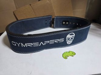 GYMREAPERS Leather Weight Lifting Belt Pin Buckle Blue w/ White Size LARGE