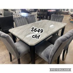 7 Piece faux marble top dining table set 