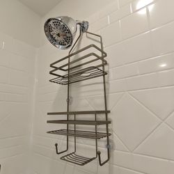 Bronze over shower head caddy with hooks