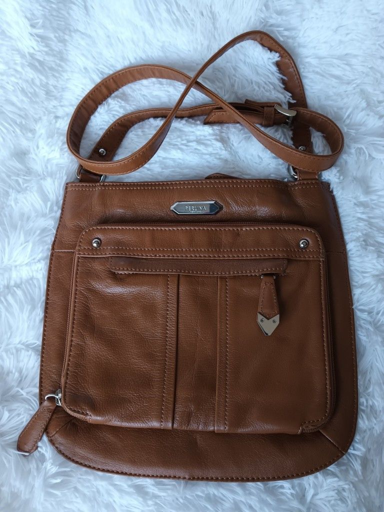 Pearlina New York Brown Leather Organizer Crossbody Bag Adjustable Strap