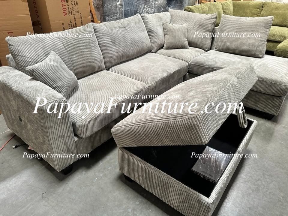 NEW Modern L Shape Sectional Sofa and Chaise Set FREE STORAGE OTTOMAN Light Grey Fabric Ashley Style Discount Warehouse Couch BIG SALE Many Colors