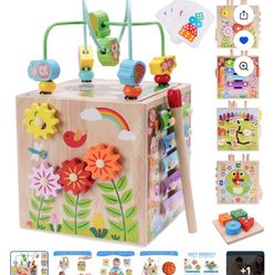 Wooden Activity Cube | Montessori Toys for 1 2 3 Year Old Toddlers | One Year Old 1st First Birthday Gift | Educational Toys for 12+ Months Baby Boys 