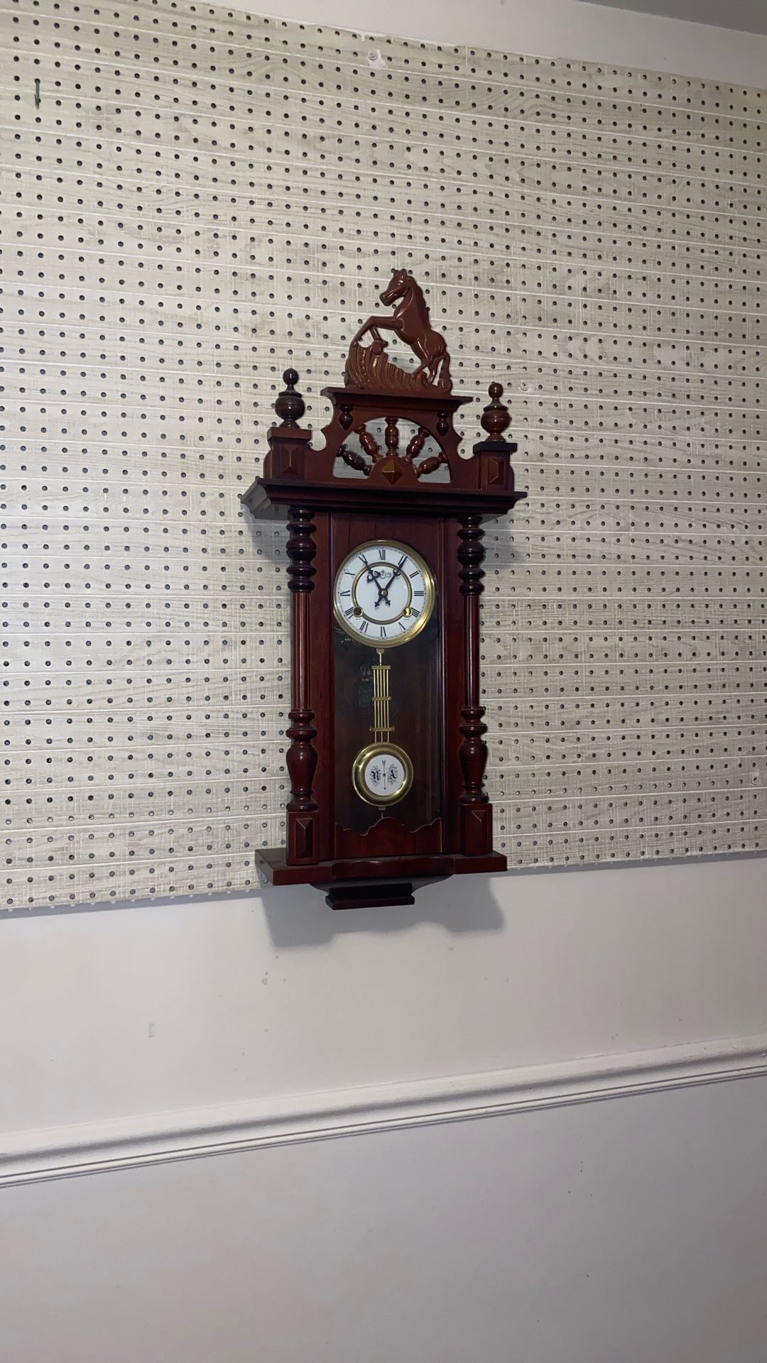 Vintage Walnut Regulator Wall Clock — Horse Carving, Working Mechanical Pendulum