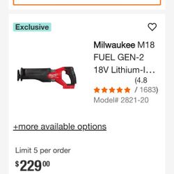 Milwaukee 18v Fuel 2 Gen Sawzall Brushless Brand New Tool Only 