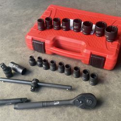 23pc 1/2” Drive 12 Point Shallow Impact Socket Set Metric 8mm To 32mm Cr-MO With Ratchet Wrench And Extension 