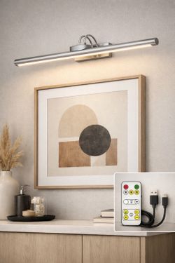 Silver LED Picture Light – Rechargeable, Remote‑Controlled Art Light