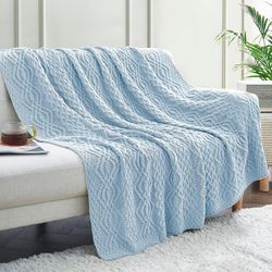 Luxurious double sided, light Weight, Light blue cable knitted  blanket. . 50”X60”.