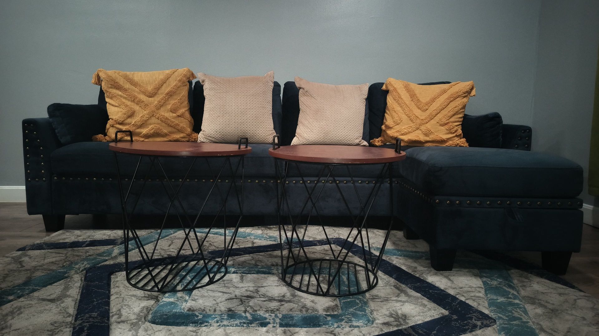 Navy Blue Sectional with two coffee tables 