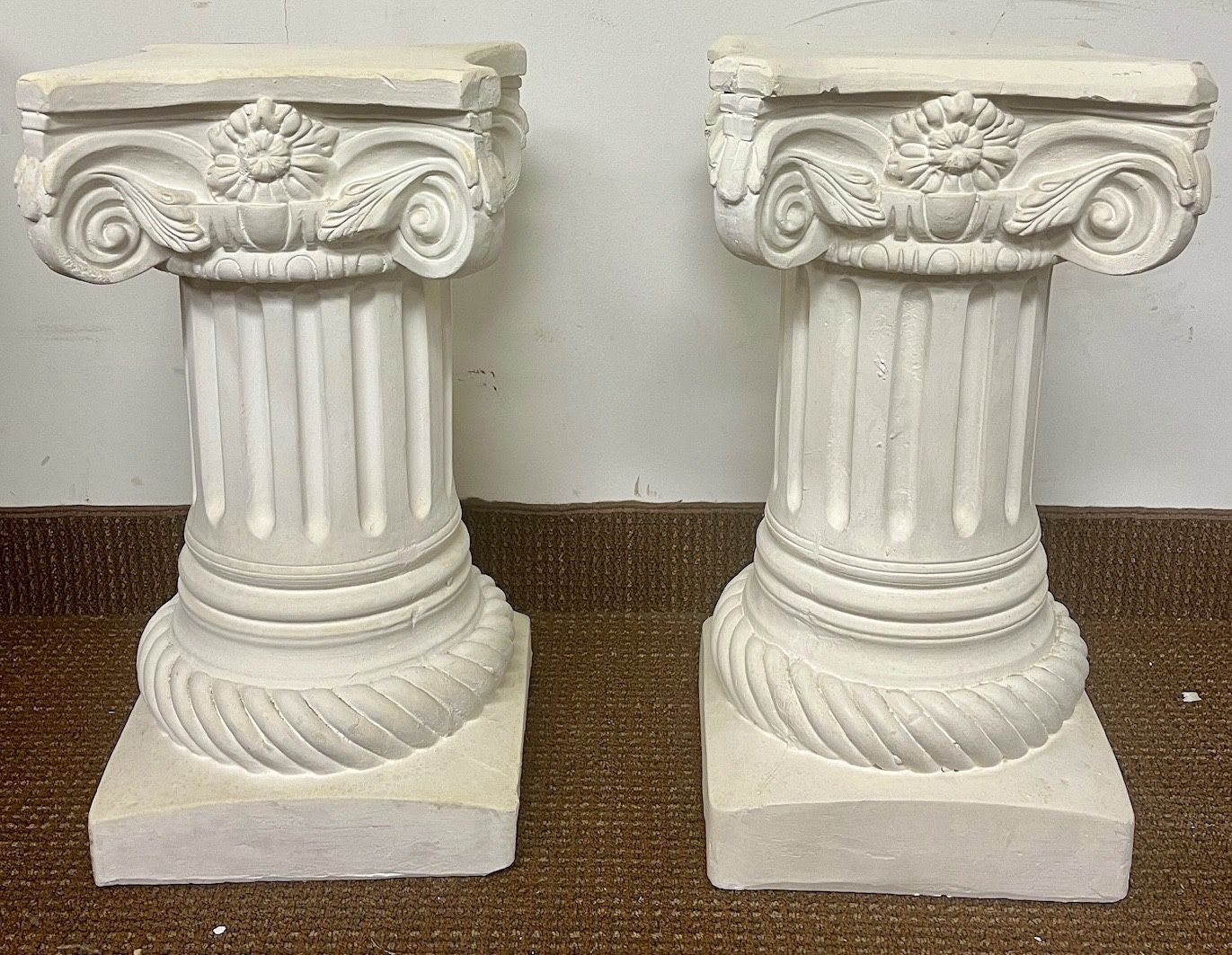 Pair of 20” Tall Plaster Pedestal. Garden Plant Stand Pillar. Plaster Column Style Pedestal 