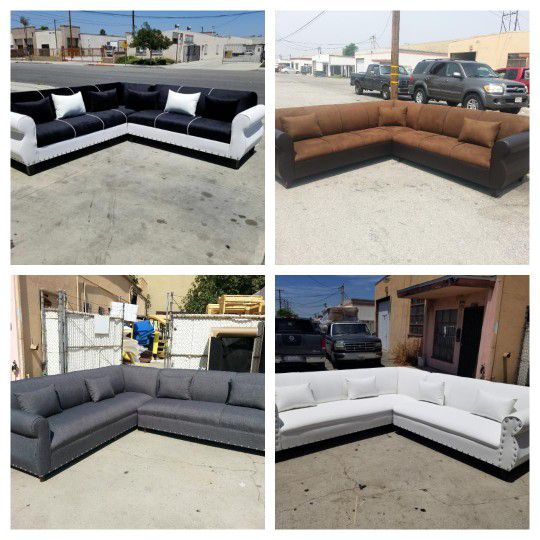NEW  9X9FT SECTIONAL COUCHES . VELVET BLACK  CHOCOLATE COMBO  CHARCOAL FABRIC  AND  WHITE LEATHER 